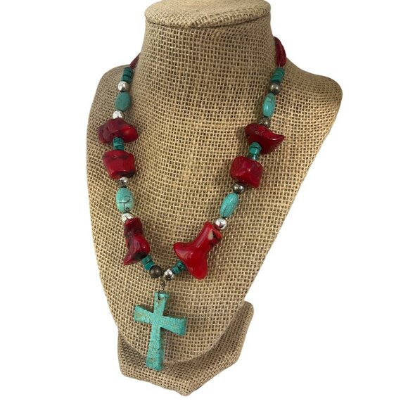 VTG Y2K Handcrafted Necklace Red Chunky Coral Turquoise Cross Western Biker - Picture 1 of 9